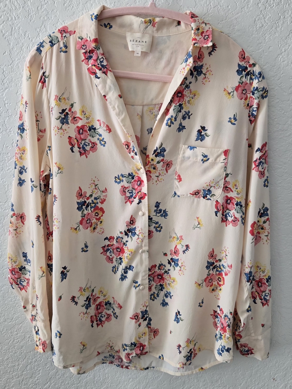 100% Silk SEZANE Women's Cream Floral Button-Up Blouse